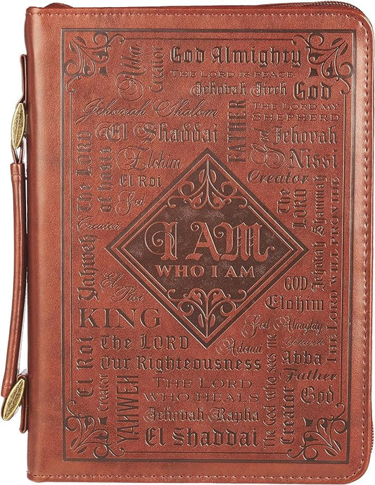 Christian Art Gifts Men's Classic Bible Cover Names of God Exodus 34:6, Brown Faux Leather, Large