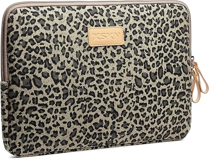 XSKN 14 inch Yellow Cheetah Zipper Canvas Fabric Stylish Leopard's Spots Print Style Laptop Sleeve for MacBook/Dell/HP/Lenovo/Sony/Toshiba/Acer/Samsung/Haier etc.