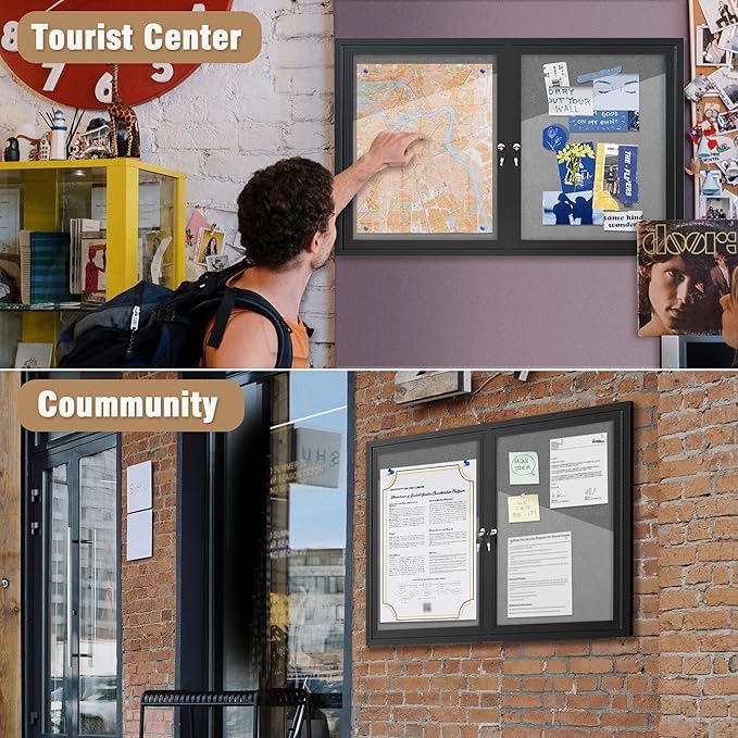 48"x30" Enclosed Bulletin Board, Outdoor Lockable Weather-Resistant Aluminum Cork Noticeboard for School & Office, Black Frame w/Grey Flet