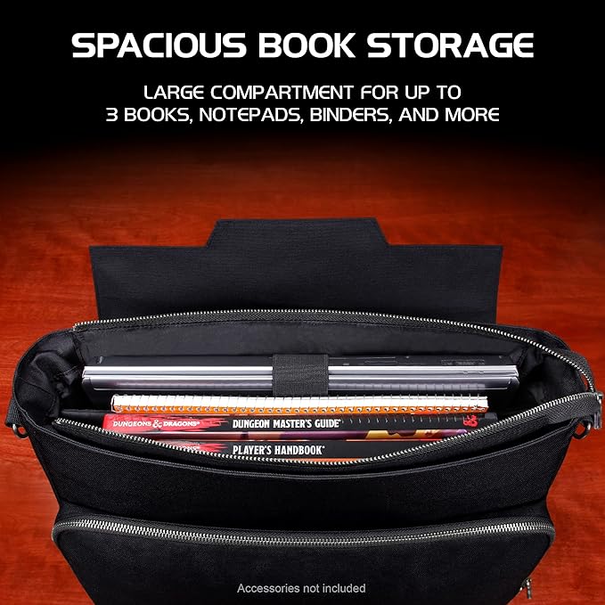 ENHANCE Collector's Edition RPG Player's Essentials DND Bag - Dragon Hide Exterior Messenger Bag Fits 2-4 Books, Binders, Dice & Accessories, with 17 inch Laptop Slot, Battlemap Straps (Dragon Black)