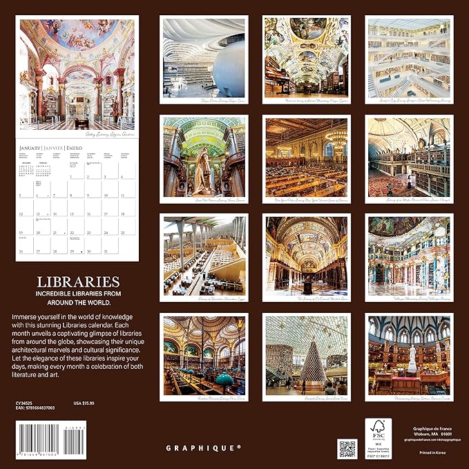 Graphique 2025 Libraries Wall Calendar | 12” x 12” | Thick Paper | Home & Office Organizer | Large Monthly Grid | 3 Languages & Marked Holidays | 4 Month Preview Page for 2026