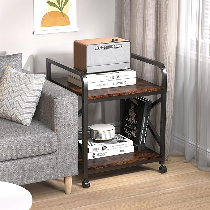 Ollieroo 2 Tier Printer Stand with Storage Shelf, Printer Table with Height Adjustable Top Shelf, Under Desk Storage Printer Cart for Paper Shredder Scanner, 3D Printer Stand for Home Office(Vintage)