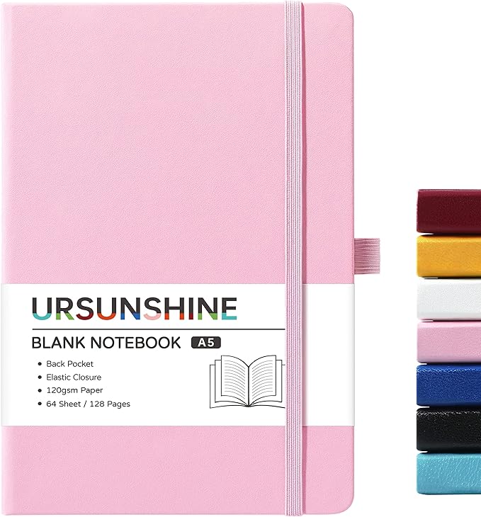 Blank Journal/Notebook - Classic Notebook/Journal with Ribbon Divider, Hardcover with Thick Paper, 5.3'' x 8.26'', Banded + Pen Holder +Inner Pocket - Pink