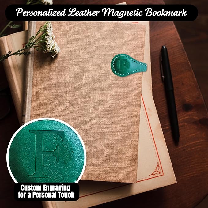 Personalized Leather Magnetic Bookmarks (1 Pack) Vintage Custom Engraved Initial ID Identification Book Marker Clip Gift for Book Lover Avid Readers (Letter F, Green)