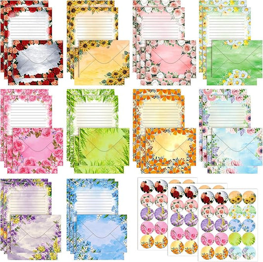 TaoBary 160 Packs Stationery Paper Set (50 Double Sided Stationery Writing Papers 50 Matching Envelopes) 60 Round Dot Sticker, 10 Design(Flower,8.5 x 11 Inch)