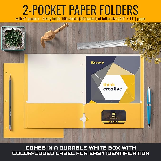 Better Office Products Two Pocket Portfolio Folders, 50-Pack, Yellow, Letter Size Paper Folders, 50 Pieces, Yellow