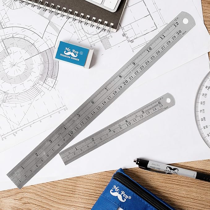 Mr. Pen Steel Rulers, 6 inch and 12 inch Metal Rulers, Pack of 2