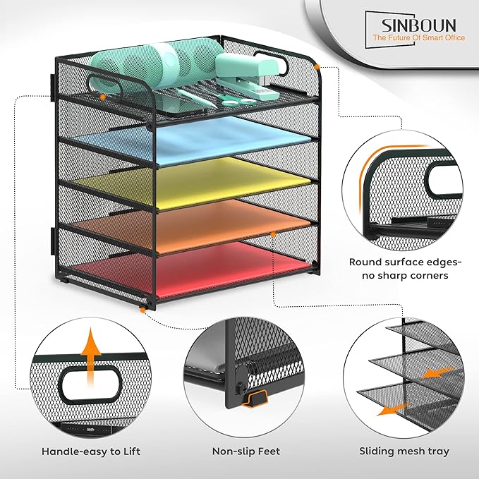 2 Pack Letter Tray Paper Organizer 5-Tier Desk Organizer File Organizer Paper Holder with Handle, Metal Desktop Document Shelf Tray Office Classroom Organization - Black