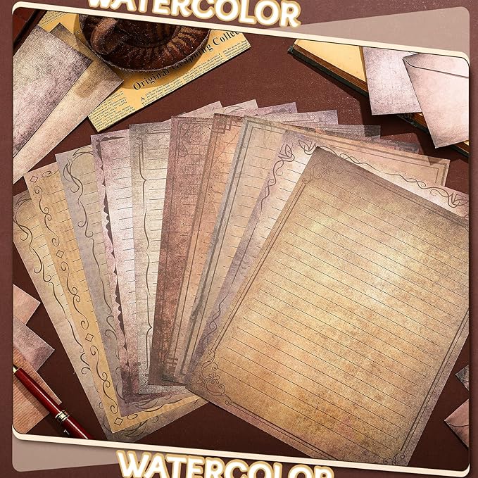 TaoBary 160 Packs Stationery Paper Set (50 Double Sided Stationery Writing Papers 50 Matching Envelopes) 60 Round Dot Sticker, 10 Design(Vintage,8.5 x 11 Inch)