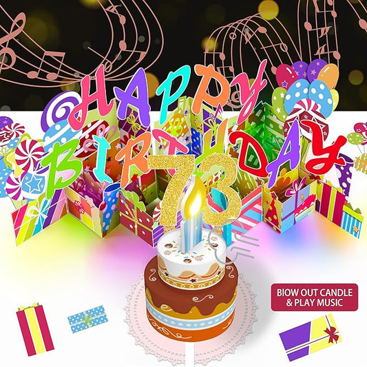 Gumry 73RD Musical Birthday PopUp Card, Blowable Colorful Light Candle 3D Cards with Song, Applause Cheers Sound, Greeting Cards Birthday Gifts Decorations for Women Men Turning 73 Years Old