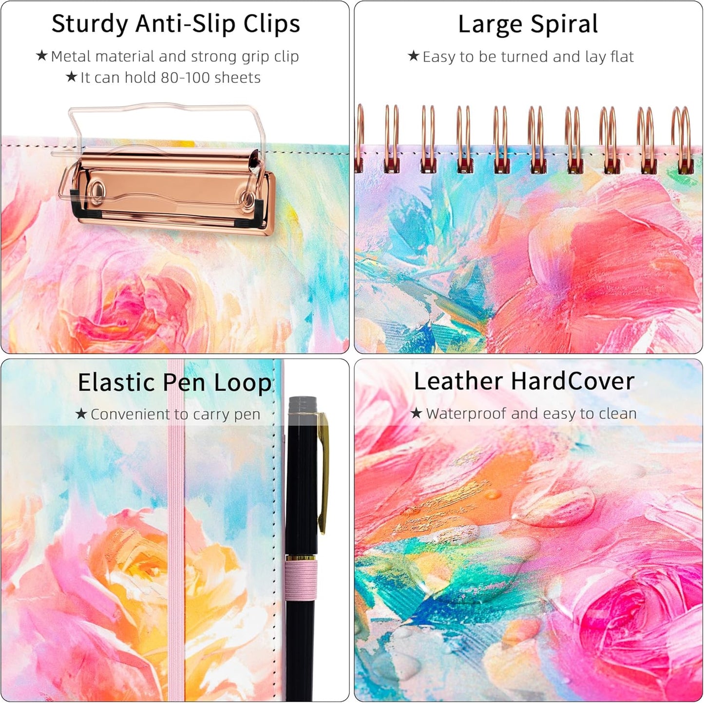 Ospelelf Pink Foldable Spiral Clipboard Folio with with Storage Zipper Pouch, 5 Plastic Folders with 10 Pockets, Leather Clipboard Folder with Notepad, 39 Divider Label Stickers (Rose)