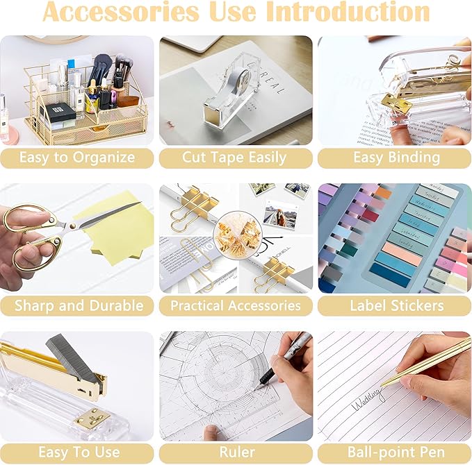 Gold Desk Organizers and Accessories, Gold Office Supplies with Mesh Desk Organizer, Acrylic Tape Dispenser and Stapler, Staples, Ballpoint Pen, Clips Set, Ruler, Scissor, Sticky Labels