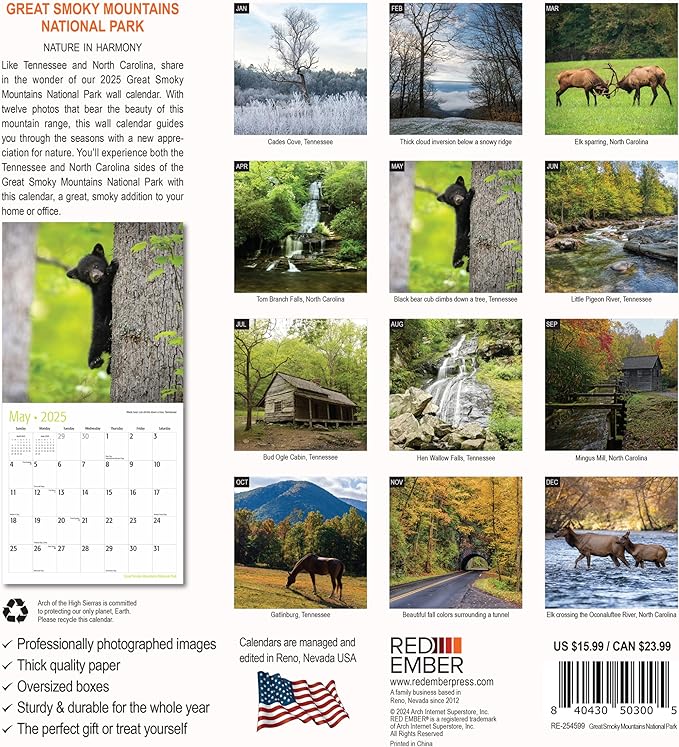 RED EMBER Great Smoky Mountains National Park 2025 Wall Calendar 12 Month | 12" x 24" Open | Thick & Sturdy Paper | Giftable | Calendar 2025