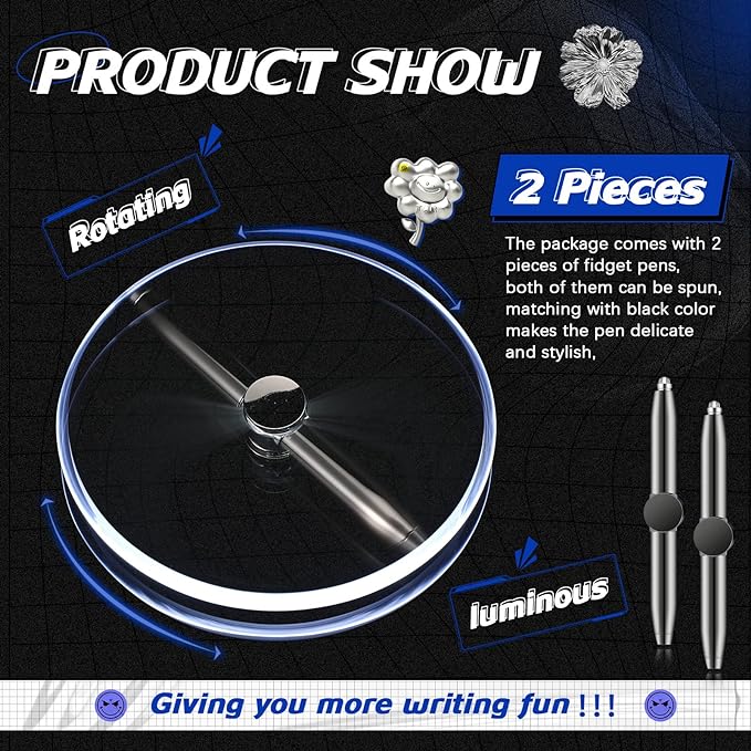 Chinco 2 Pieces Fidget Spinning Pen with LED Light Multi Functional Help Thinking Ballpoint Gift Pen for Adults Students Teenage(Gray)