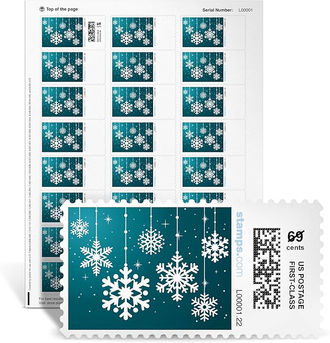Snow Ornaments NetStamps 120-Pack (5 Sheets) Printable Postage Labels (Stamps.com Subscription Required) - Print Approved Postage - Inkjet & Laser Printers - Business, Personal, Home