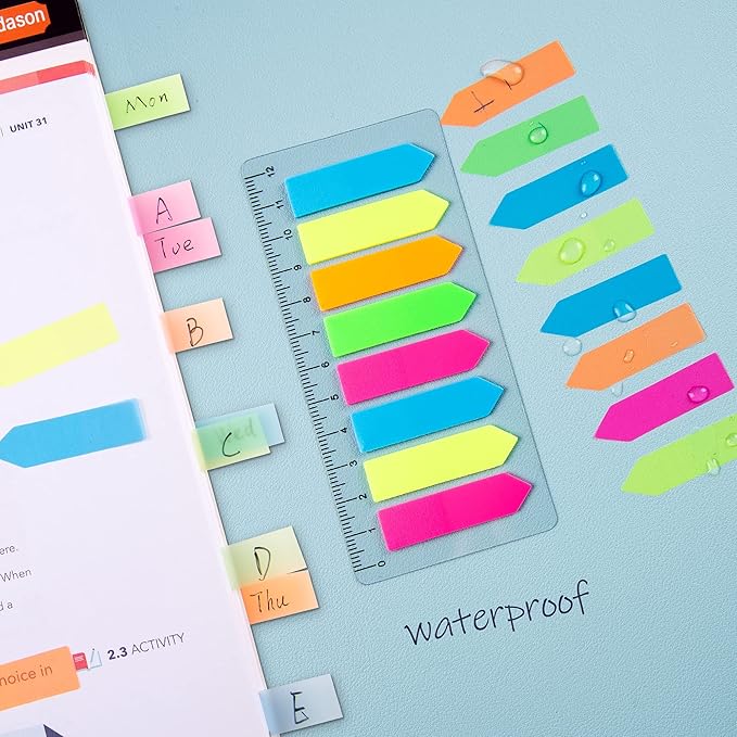 Golcellia Fluorescent Translucent Sticky Tabs, 1600 Pcs Total, Pack of 8 Colors, Arrow and Strip Sticky Notes, Small Page Flags
