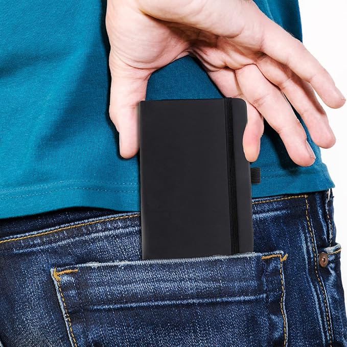 2Pack Pocket Notebook Small Notebook Journal Notebook 4 inches x 5.7 inches 200 Pages Leather Cover With Pen Holder Page Marker Ribbons(Black)