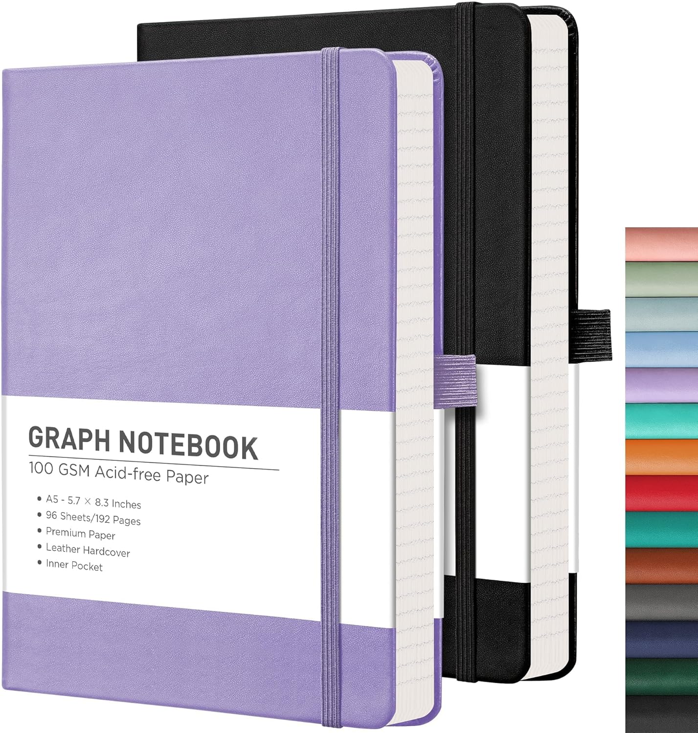 RETTACY Graph Grid Paper Notebook, 2-Pack, 192 Pages per Pack, A5 Medium Size (5.7'' x 8.3''), Leather Hardcover, 100 GSM Thick Paper, for School, Students, Math, Engineering (Black & Purple)