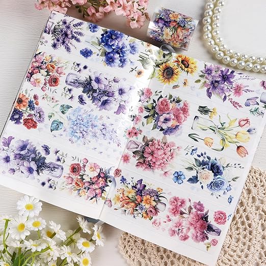 Journaling Scrapbook PET Tapes - Floral Scrapbooking Junk Journal Supplies, Flower Decorative Tapes for Art Crafts, Aesthetic Washi Tapes Scrapbooking Supplies, Floral Journaling Tapes