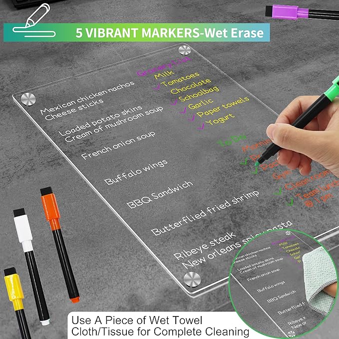 Acrylic Magnetic Dry Erase Board for Fridge Acrylic Clear White Board for Fridge Magnetic Whiteboard for Refrigerator 12"x8"Small Magnet Board 2 Pcs