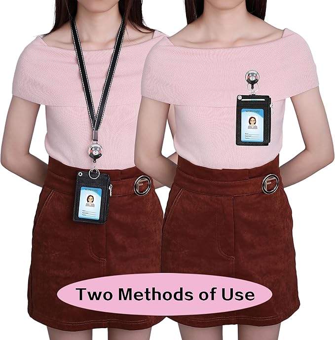 Cute ID Badge Holder Retractable Lanyard Reel Clip with Heavy Duty Carabiner, 5 Card Slots in 2 Sided with Key Ring and Zipper for Women Students Teens Girls Office Staff (Black OK Bear)