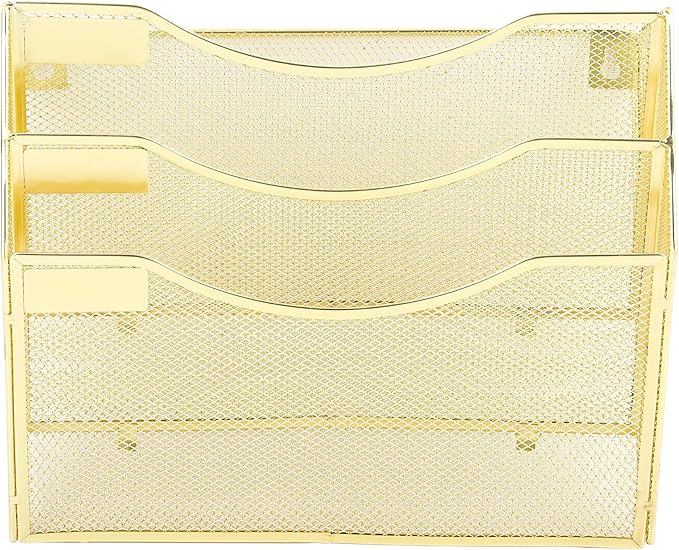 EASEPRES 3 Pocket Mesh Hanging Wall File Organizer, Wall Mounted Mail Paper Document Folder Holder, Clipboard Storage Organization Magazine Rack with Nametag Label for Office Home School, Gold