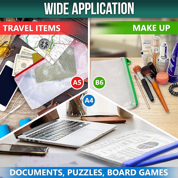 16 Pack Assorted Sizes Plastic Mesh Zipper Pouches for Storage & Organize Board Games - Puzzles - Documents - Bills - School and Office Supplies - Travel - Makeup - Multisize Mesh Zipper Pouch