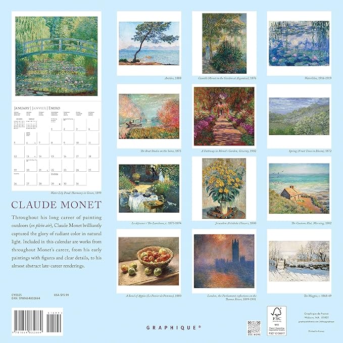 Graphique 2025 Monet Wall Calendar | 12” x 12” | Thick Paper | Home & Office Organizer | Large Monthly Grid | 3 Languages & Marked Holidays | 4 Month Preview Page for 2026