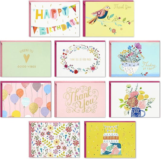 Hallmark Pack of 30 Assorted Boxed Greeting Cards, Good Vibes—Birthday, Thinking of You, Thank You , Blank Cards