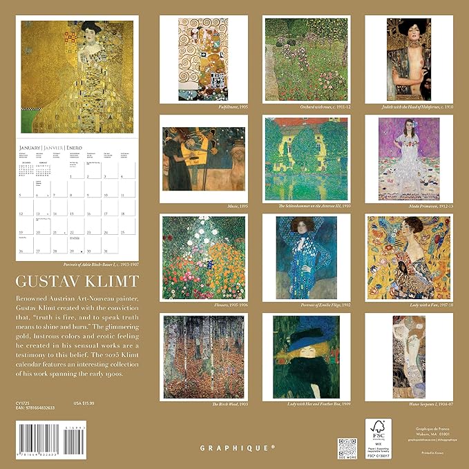 Graphique 2025 Klimt Wall Calendar | 12” x 12” | Thick Paper | Home & Office Organizer | Large Monthly Grid | 3 Languages & Marked Holidays | 4 Month Preview Page for 2026