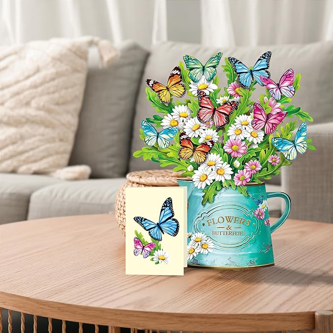 Airpark Pop Up Flower Cards, Paper Flowers Bouquet 12’‘ Daisies and Butterflies 3D Popup Greeting Cards with Blank Note Card and Envelope, Birthday,Easter, Get Well Cards Gifts for Women Mother