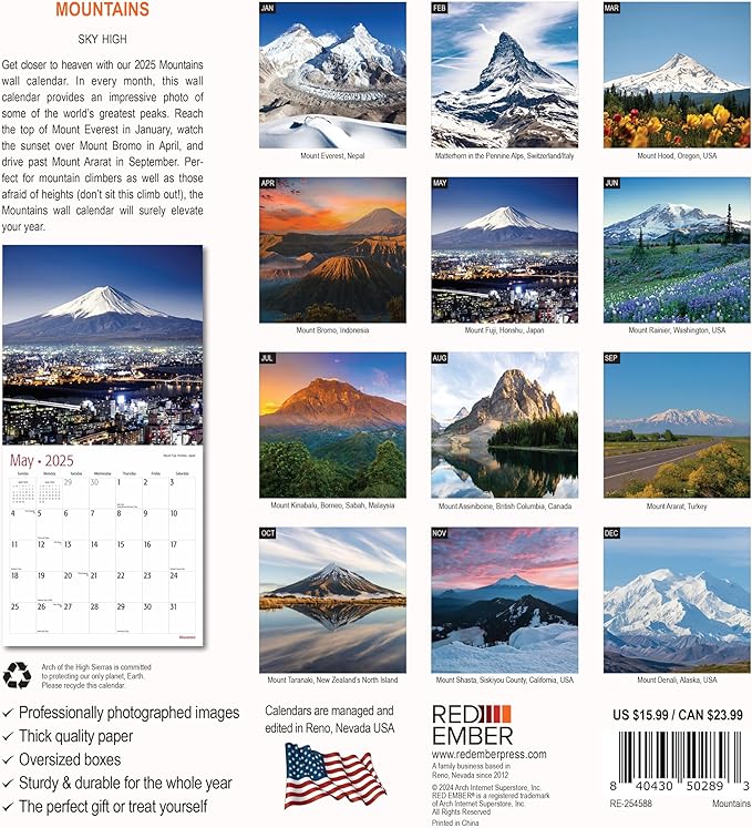 RED EMBER Mountains 2025 Wall Calendar 12 Month | 12" x 24" Open | Thick & Sturdy Paper | Giftable | Calendar 2025