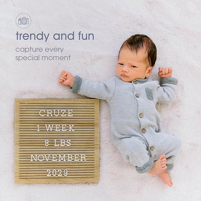 Pearhead Wooden Letterboard Set - Ideal Photo Sharing Prop for Baby Announcements, Milestone Keepsake, Custom Message Board and Shower Gift - Includes 188 Letters, Numbers, and Symbols - Natural Wood