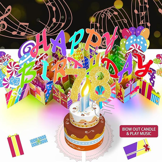 Gumry 78TH Musical Birthday PopUp Card, Blowable Colorful Light Candle 3D Cards with Song, Applause Cheers Sound, Greeting Cards Birthday Gifts Decorations for Women Men Turning 78 Years Old