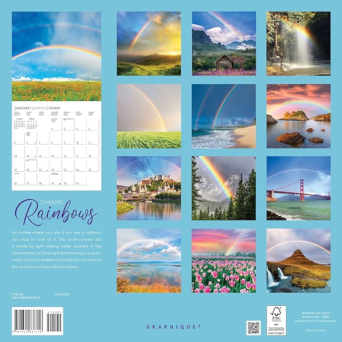 Graphique 2025 Chasing Rainbows Wall Calendar | 12” x 12” | Thick Paper | Home & Office Organizer | Large Monthly Grid | 3 Languages & Marked Holidays | 4 Month Preview Page for 2026