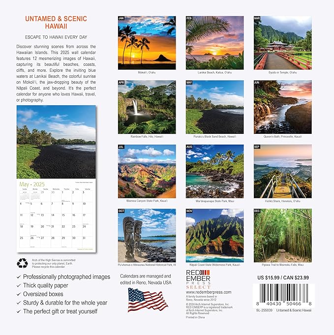 RED EMBER Select - Untamed & Scenic Hawaii 2025 Wall Calendar 12 Month | 12" x 24" Open | Thick & Sturdy Paper | Giftable | Calendar 2025