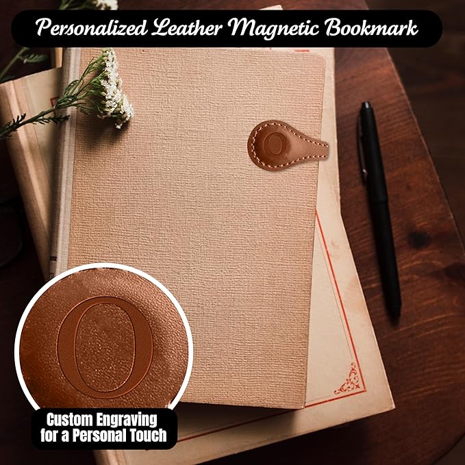 Personalized Leather Magnetic Bookmarks (1 Pack) Vintage Custom Engraved Initial ID Identification Book Marker Clip Gift for Book Lover Avid Readers (Letter O, Light Brown)
