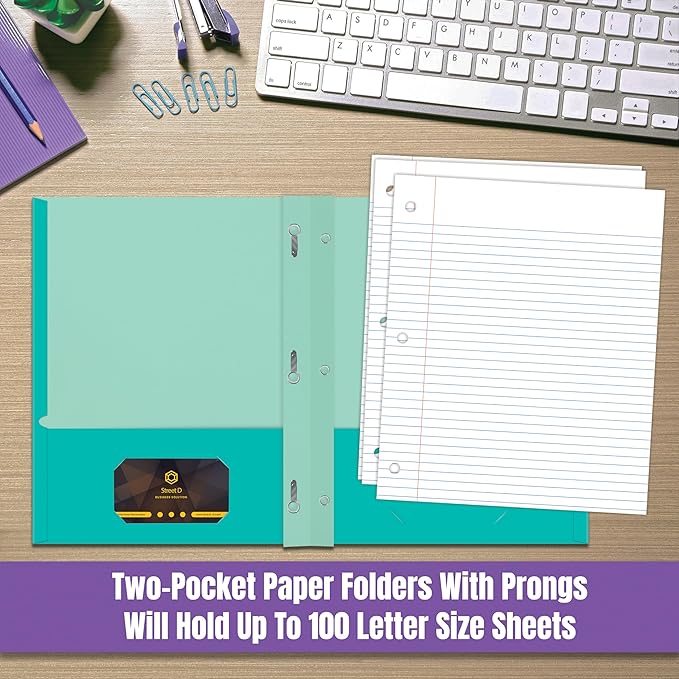 2 Pocket Folders, Assorted 7 Vibrant Colors with Complementing Interior Colors, Fits Letter Size Paper, for School, Office, Home (with Prongs, 50)