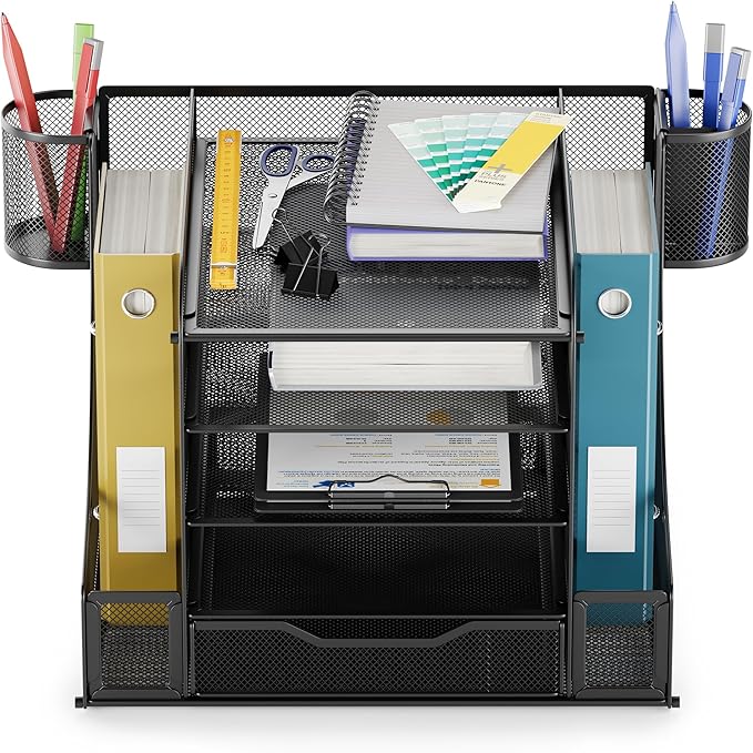 EVOOMI 5 Tier Mesh Desk Organizer PLUS - The Upgraded Time, Space & Sanity Saving Desktop Organizer System for Productivity Success - Ideal Pencil File Paperclip Post It Holder Mail Folder Organizer