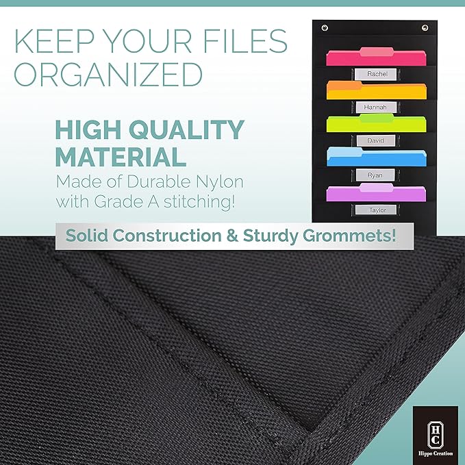 Hippo Creation Heavy Duty Storage Pocket Chart for Classroom, 5 Pocket Storage Organizer with 2 Over-Door Hangers, Hanging Wall Organizer for File Folders, School Mailbox, Home Office Papers - Black