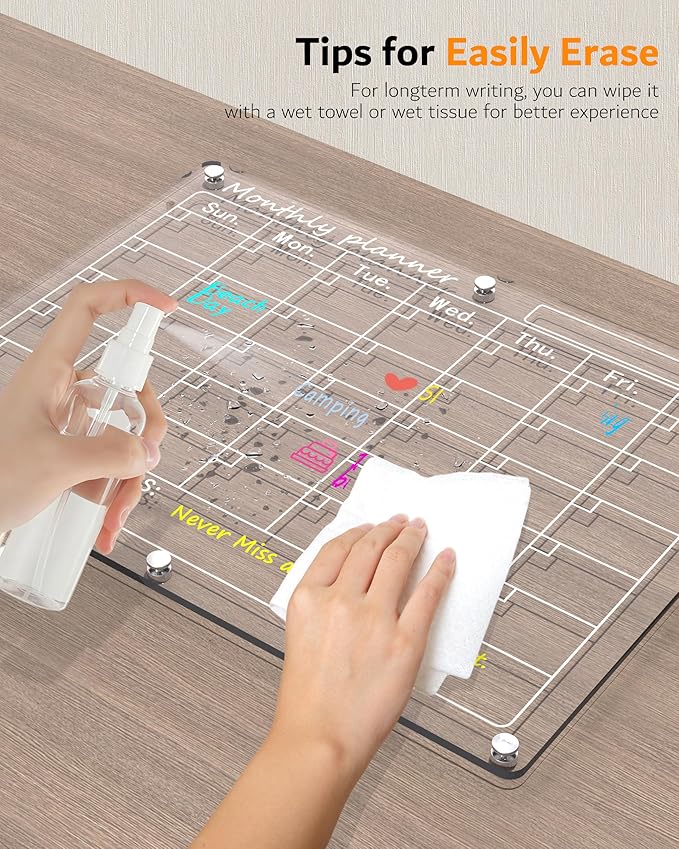 Magnetic Acrylic Calendar for Fridge,2 Pack 12"x16" Clear Fridge Calendar Dry Erase Magnetic Planning Boards Set Includes 6 Colorful Highlight Markers,Magnetic Pen Holder and Erase Towel