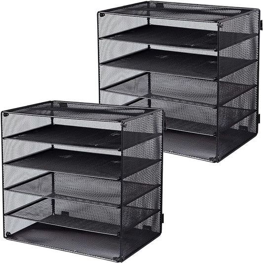 EASEPRES 5 Slot Mesh Desk Organizer Tray, File Paper Letter Folder Holder Desktop Paper Sorter Mail Organization Rack Storage Accessories, for Office Home School Classroom, Black, 2 Pack