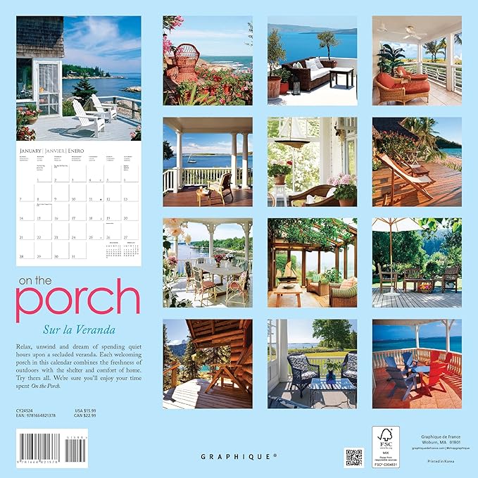 Graphique 2024 On the Porch Wall Calendar | 12” x 12” | Thick Paper | Home & Office Organizer | Large Monthly Grid | 3 Languages & Marked Holidays | 4 Month Preview Page for 2025