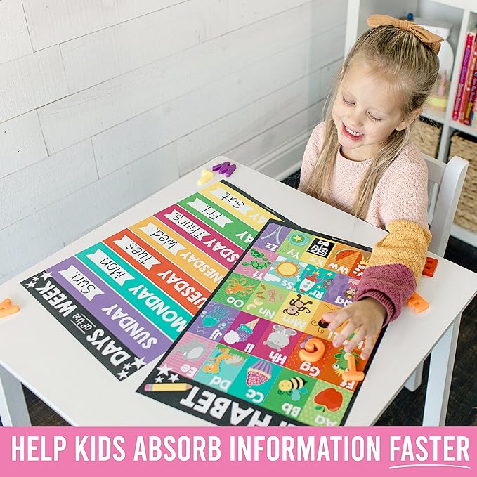 Hadley Designs 16 Educational Posters for Classroom & Kindergarten, Kindergarten Classroom Must Haves, Laminated PreK Learning Chart Materials US & World Map, ABC Alphabet, Shapes, Days of the Week