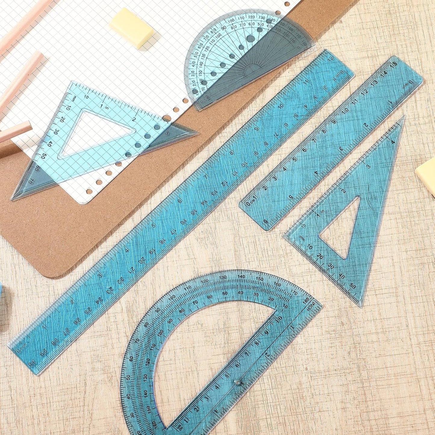 Tenare 1 Set Plastic Clear Math Set Includes Protractor Triangle Rulers 12 Inch 6 Inch Straight Geometry Math Transparent Ruler Measuring Tool for School Office Home Supplies(Blue)
