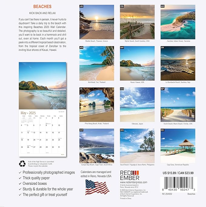 RED EMBER Untamed & Beautiful Beaches 2025 Wall Calendar 12 Month | 12" x 24" Open | Thick & Sturdy Paper | Giftable | Calendar 2025