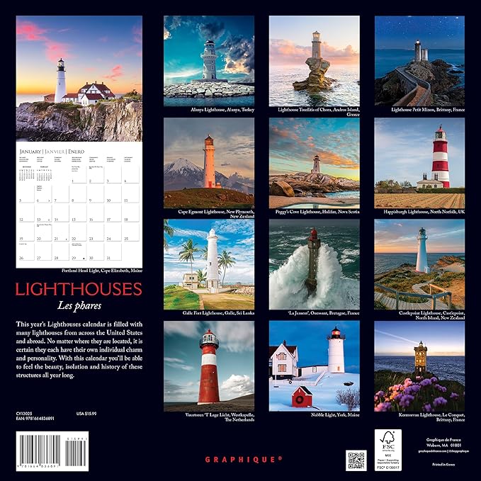 Graphique 2025 Lighthouses Wall Calendar | 12” x 12” | Thick Paper | Home & Office Organizer | Large Monthly Grid | 3 Languages & Marked Holidays | 4 Month Preview Page for 2026