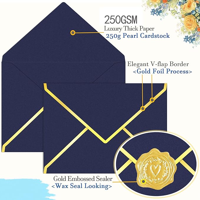 60 Pack Gold Envelopes 5x7 Dark Blue, 250G Pearled Cardstock A7 Envelopes for Invitations Business Mailing Envelope with Gold Foil Border, A6 4x6 Envelopes for Wedding Baby Shower Cards