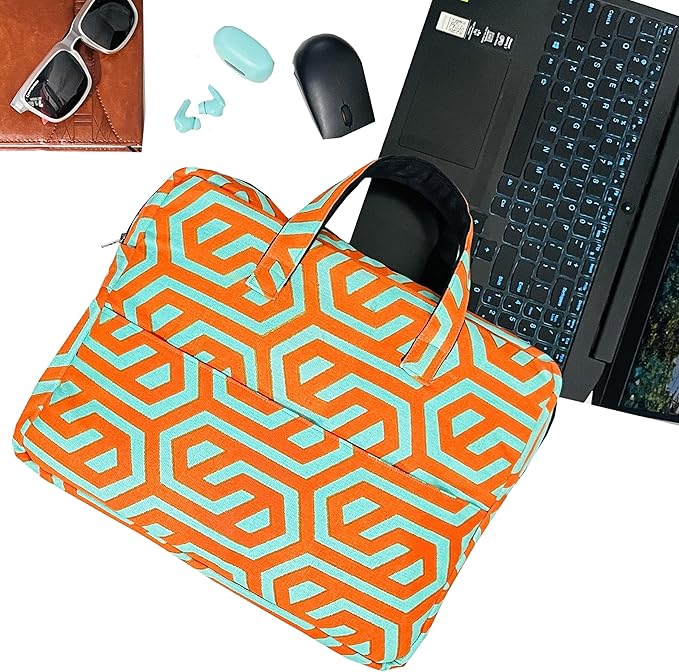 Mint Green And Orange Laptop Bag With Geometric Linked Print FOR 13 TO 15 INCHES MACBOOK, IPAD AND WINDOWS LAPTOP