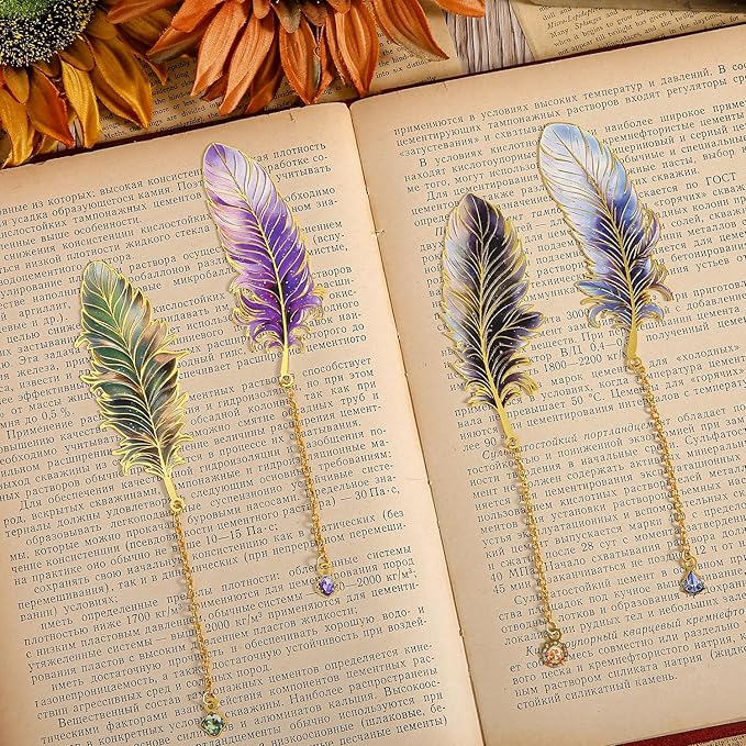 Feather-Shaped Metal Bookmarks with Chain, 4-Pack Vintage-Inspired Book Marks Set - Cute Unique Page Markers Gifts for Book Lovers, Readers, Writers, Reading Women, Men, Kids, Teens (Starry Wings)